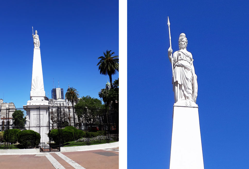 Deux photos ensamble. A gauche: Monument Pyramidede Mai. À droite, le détail de la sculpture de la Marianne.