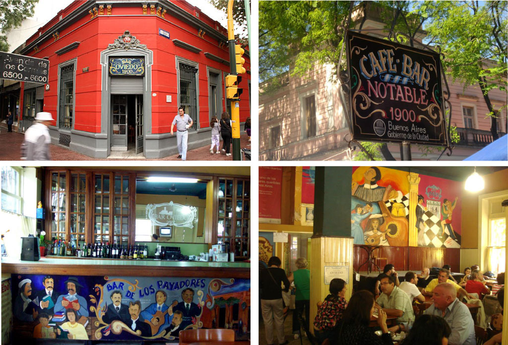 Collage d'images du bar d'Oviedo. Il y a 4 photos. Une de l'entrée, une autre du bar avec des boissons, une autre de personnes assises en train de manger et une autre avec une plaque qui dit Cafe Bar Notable 1900.