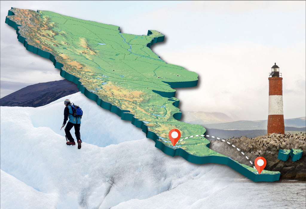 carte avec example de vol entre calafate et Ushuaia