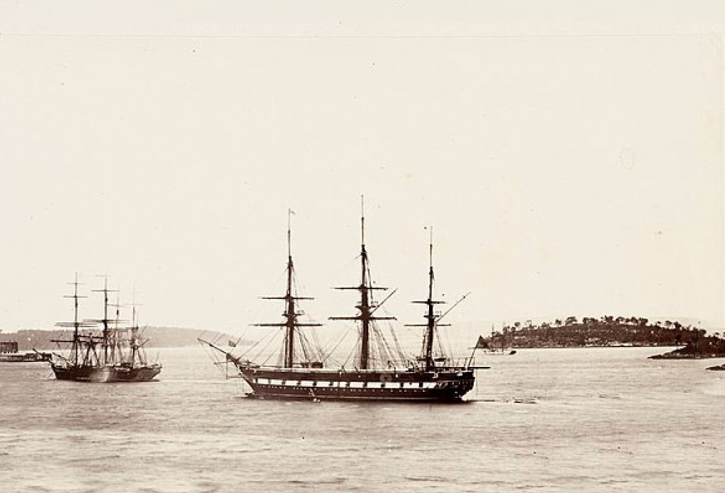 photo ancienne de la corvette HMS Clio qui était un navire de guerre britannique qui arriva à Malouines en 1833
