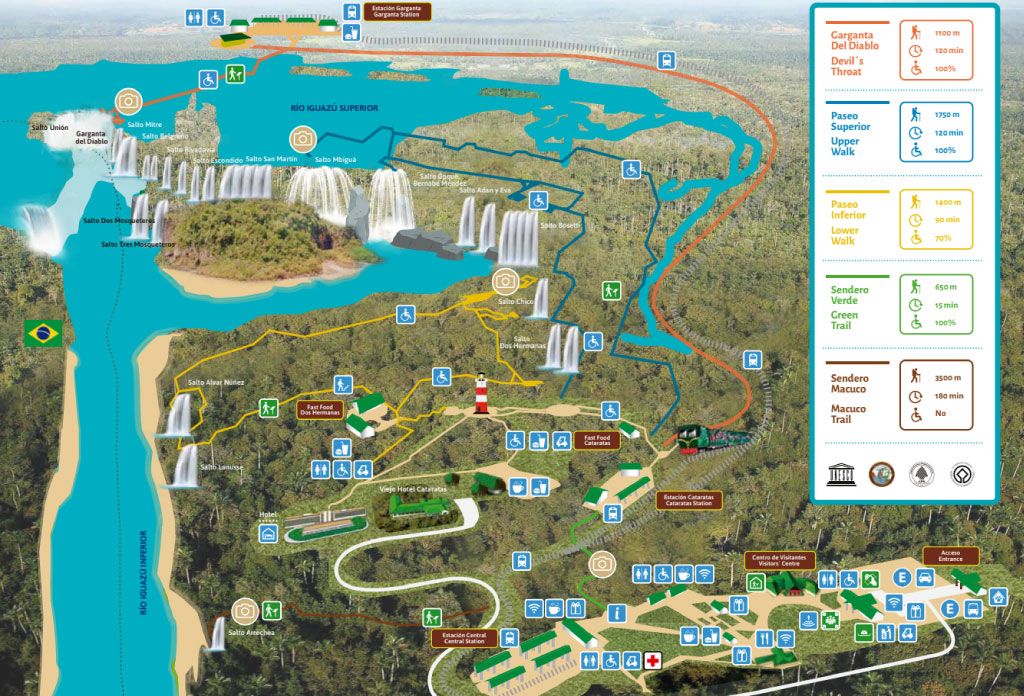 carte du parc national Iguazu en Argentine avec les sentiers remarqués