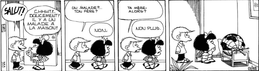 BD de Mafalda. Elle parle avec Felipe sur le monde malade