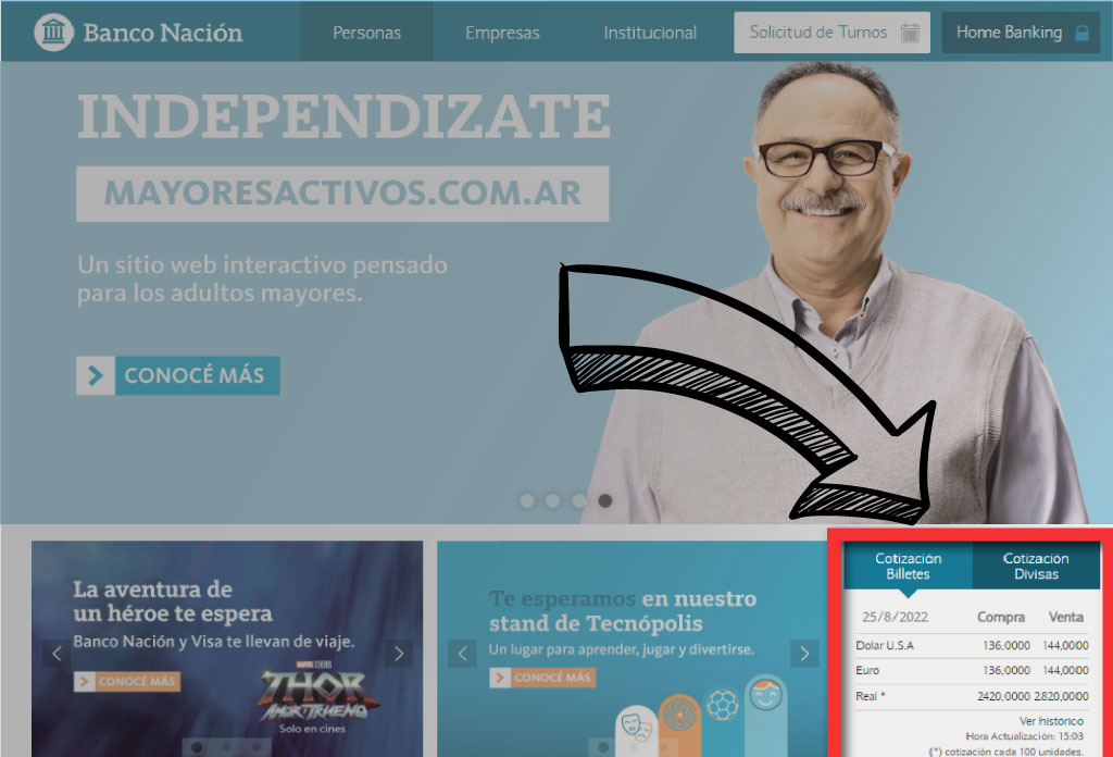 Capture d'écran du site web de la Banco Nacional avec une flèche indiquant le taux de change du dollar.