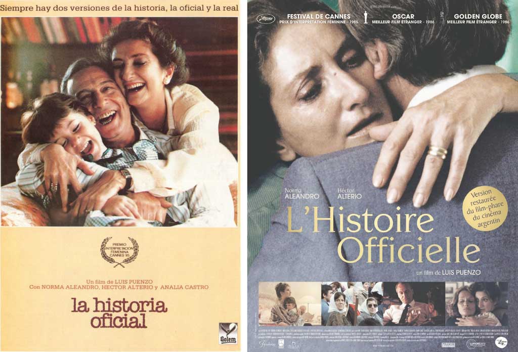 L’image est un collage de deux affiches de films argentins. À gauche l’affiche en espagnol et à droite en français. Film: l'histoire officielle.
