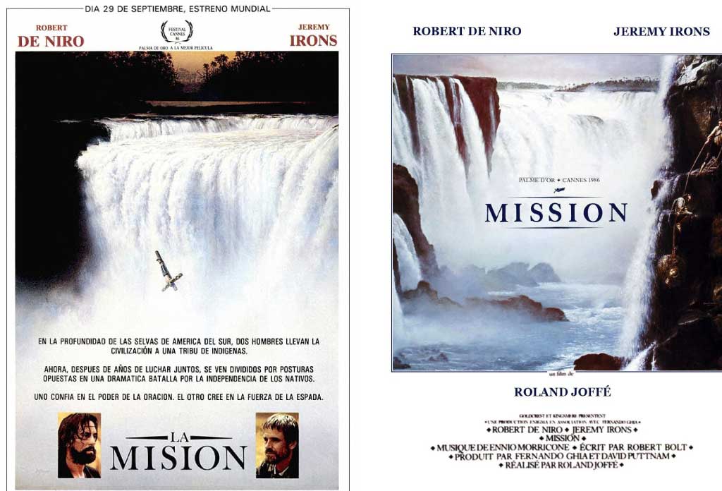 L’image est un collage de deux affiches de films argentins. À gauche l’affiche en espagnol et à droite en français. Film: la missión. C’est l’un des films recommandés dans l’article 5 films à voir avant de voyager en Argentine.