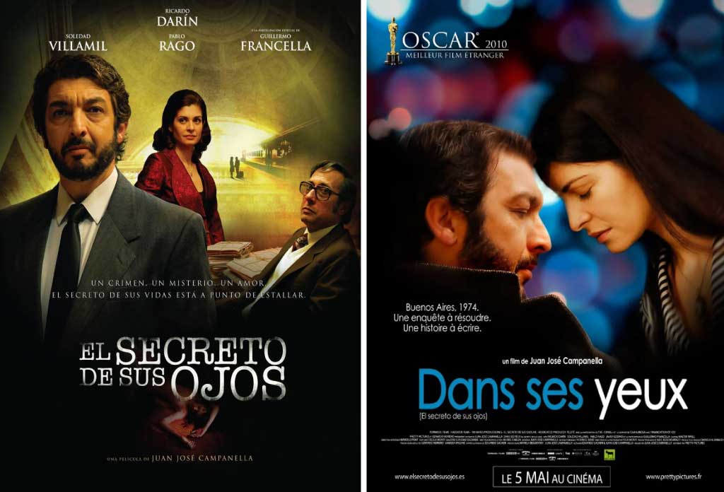 L’image est un collage de deux affiches de films argentins. À gauche l’affiche en espagnol et à droite en français. Film: dans ses yeux.