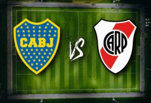 Image avec un terrain de football en arrière-plan et les logos des équipes de football Boca et River.