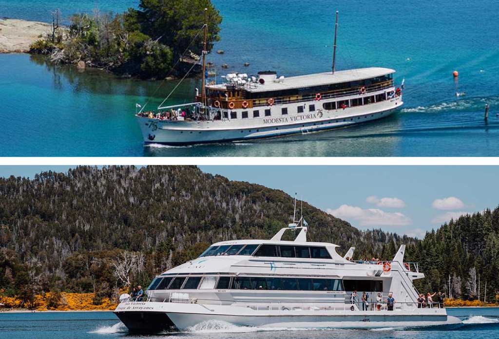 deux images, une supérieure et une inférieure. Il y a un bateau dans chacune pour montrer les différents types de bateaux pour l’excursion à l’île Victoria et la forêt d’Arrayanes