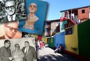 Collage d’images. À droite la rue piétonne Caminito avec ses maisons colorées. À gauche différentes photos de Gabino Coria Peñaloza