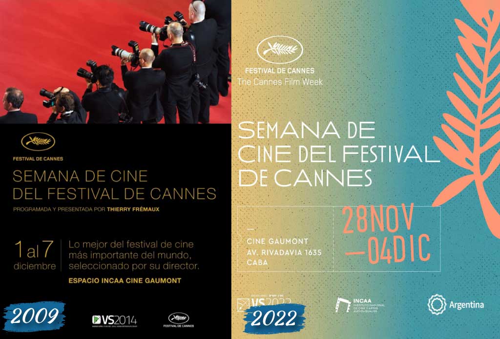 illustration comparant à gauche la première affiche de la semaine du cinema du festival de cannes a Buenos Aires de 2009 et à droite l'une des dernières, l'affiche de 2022.