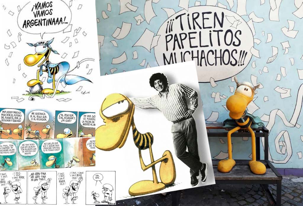 Sur la gauche se trouvent plusieurs bandes dessinées du personnage Clemente, dessinées par Caloi. À droite se trouve la sculpture
