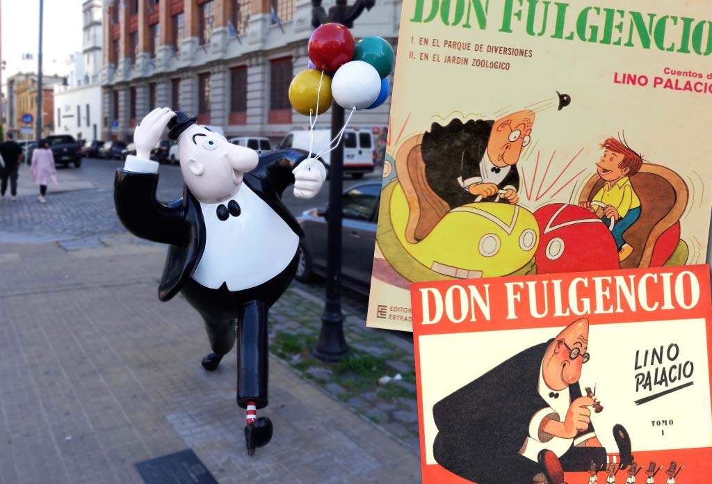 Sur la gauche se trouve la sculpture de Don Fulgencio, un personnage de bandes dessinées argentines. Sur la droite, il y a deux bandes dessinées où le personnage apparaît.