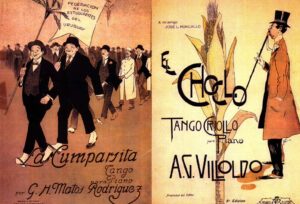 image divisée : à gauche le couvercle du disque de tango La Cumparsita et à droite El Choclo