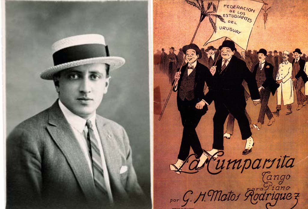 image divisée en deux : à gauche une photo de Gerardo Matos Rodriguez et à droite un dessin du couvercle du disque de La Cumparsita. C’est l’un des 5 tangos à écouter pour ceux qui voyagent à Buenos Aires.