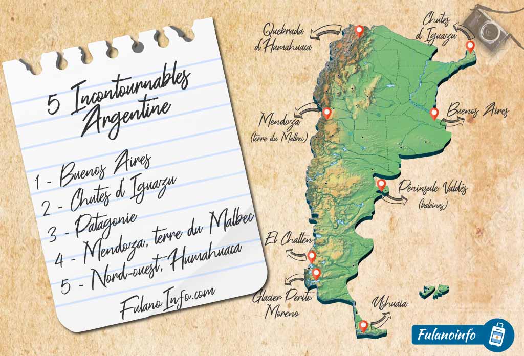 dessin d’une carte de l’argentine avec la phrase "5 Incontournables Argentine"