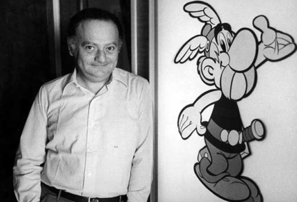 Image divisée. À gauche René Goscinny et à droite Asterix
