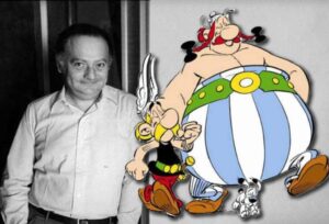 Image divisée. À gauche René Goscinny et à droite Asterix et Obelix
