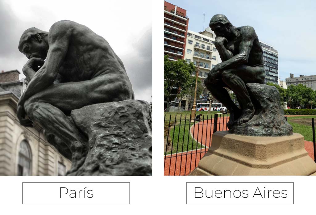 Deux photos de la sculpture Le Penseur de Rodin. À gauche, la photo de la sculpture à Paris, et à droite, la photo de la sculpture à Buenos Aires. Elles font partie des 5 monuments français à Buenos Aires de l'article où elles sont insérées.