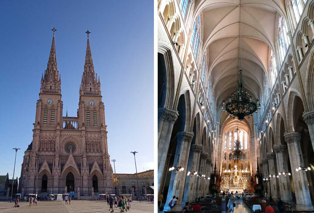 image partagée en deux. À gauche la façade de la basilique de Luján et à droite l’intérieur.