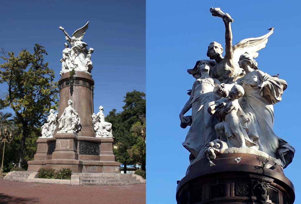 Deux images du monument de la France à l'Argentine dans la ville de Buenos Aires. À gauche, une photo du monument complet. À droite, le détail de la sculpture supérieure où l'on voit deux femmes marchant main dans la main et un ange en haut.