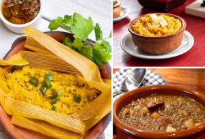 3 images de plats typiques : Locro, Tamales, ragoût de lentilles