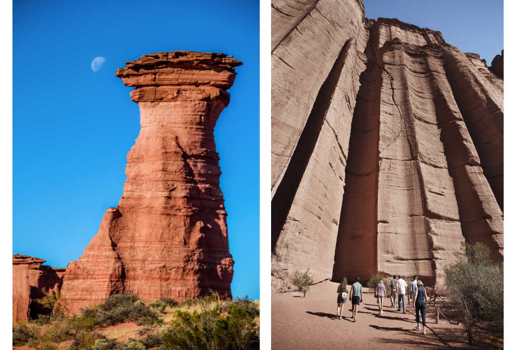 deux photos ensemble. À gauche la forme de montagne appelée El Monje. À droite les paredones hauts du parc national Talampaya